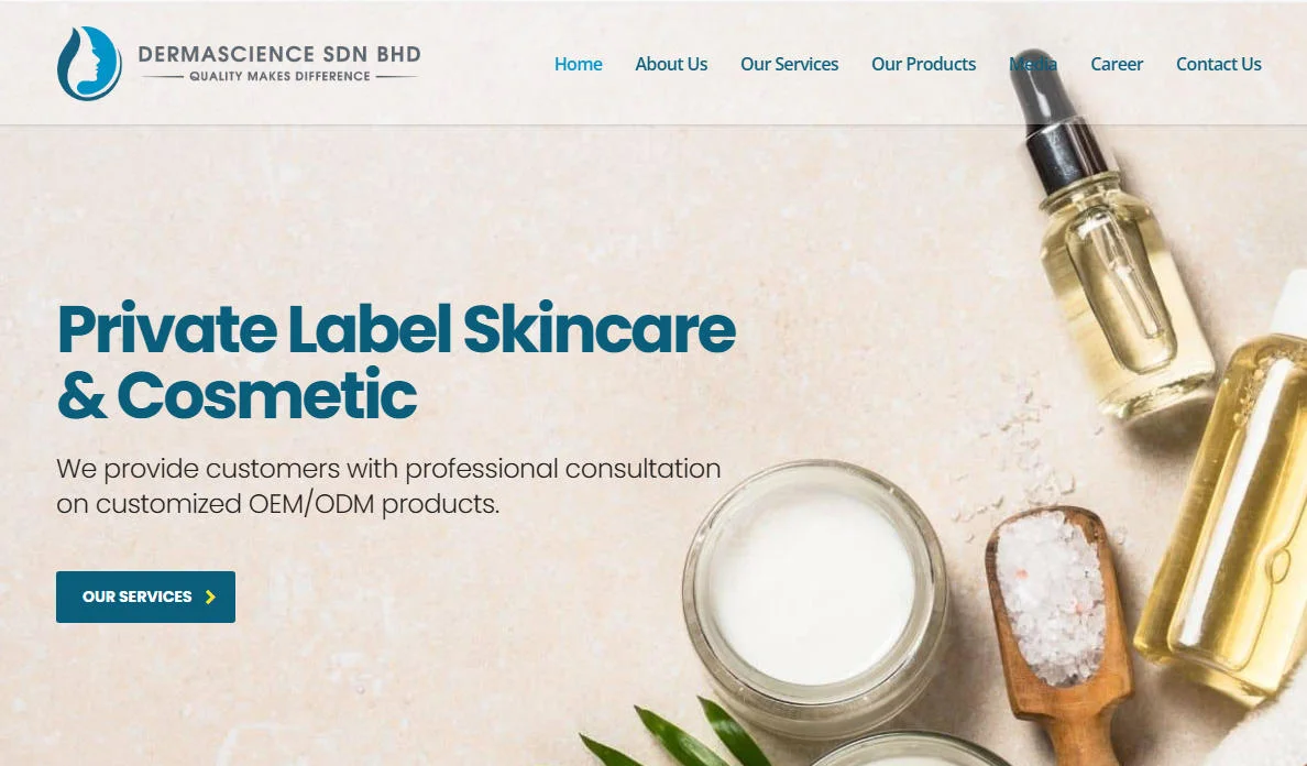 Private label skincare and cosmetic services offered by Dermascience SDN BHD, with consultation on customized OEM/ODM products.